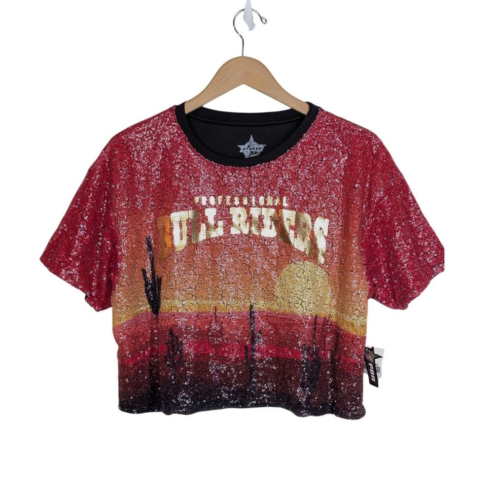 NWT PBR Ladies Sequin Desert Scene Crop Top Shirt Sz M Western Dressy Bull - Picture 2 of 10